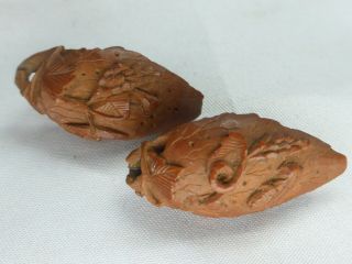 2 Antique Chinese Hediao Carved Nut Peach Pit Beads For Necklace B