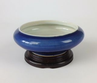 Fine Antique Chinese Powder Blue Brush Washer On Hardwood Pot Stand - Kangxi Mark