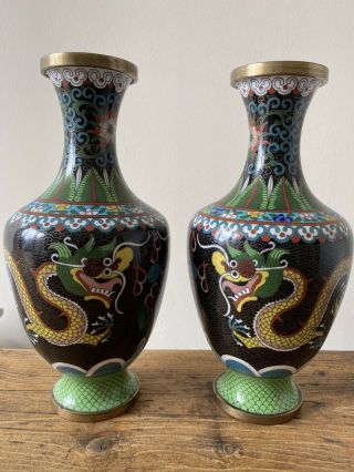 Antique Chinese/oriental Cloisonne 5 Clawed Dragon Vases Enamel