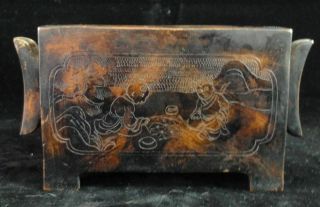 Very Thick Old Chinese Bronze Incense Burner Rectangle Handles Censer Marks