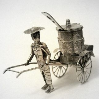 Small Antique Chinese Export Silver Rickshaw Salt Cellar / Table Ornament