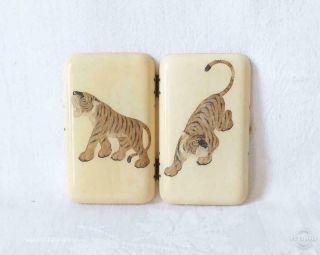 Antique Japanese Meiji Late 19th Early 20th C Card Case Carved Tiger Each Side