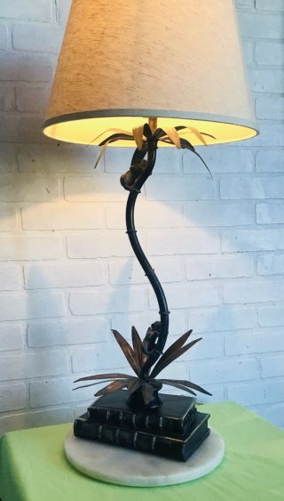 Vintage MCM Monkey Lamp With Metal Florida Palm Trees W/Reading BOOK Base 36” 3