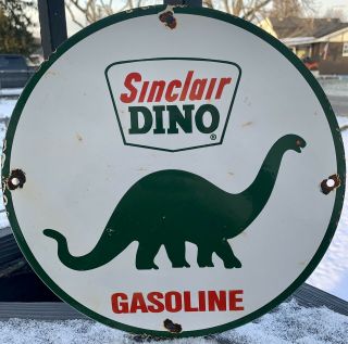 Vintage Sinclair Dino Gasoline Porcelain Gas Oil Service Pump Plate Sign Ad