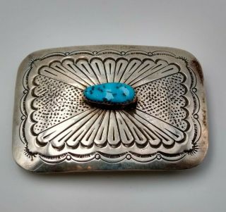Vintage Sterling Silver Kingman Turquoise Navajo Made Belt Buckle