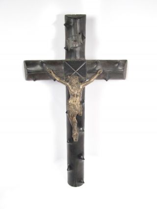 Antique Black Forest Thorn Wood Crucifix Metal Corpus Wall Altar Cross 14 " Vtg