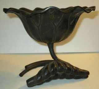 Large Antique Bronze Japanese Meiji Period Lotus Bowl Vase Leaf Design 7 " H 9 " W