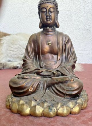 9” Antique Chinese Bronze Or Copper Seated Buddha In Lotus Position