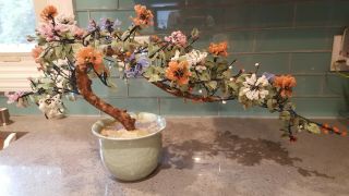 Large Vintage Chinese Jadeite/rose Quartz/ Glass Wired Bonsai Tree Celedon Vase
