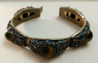 Antique Chinese Export Sterling Silver Filigree Bracelet With Enamel & Tiger Eye