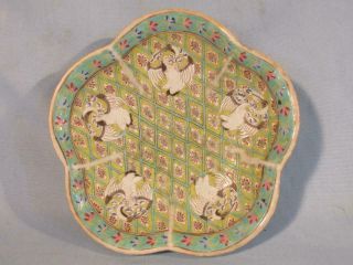 Antique Chinese Famille Rose Footed Bowl Lobed Dish W/cranes - Signed
