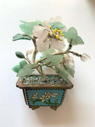 Antique Chinese Miniature Bonsai Jade Tree In Cloisonne Pot