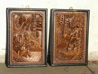 Antique Japanese Hand Carved Wood Wall Panel Art Asian Figures Oriental Vtg