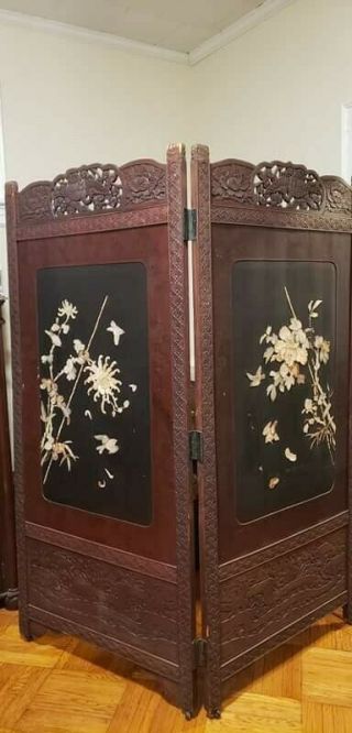 Antique Japanese 2 Panel Wood Room Divider With Inlaid Mother Of Pearl & Carving
