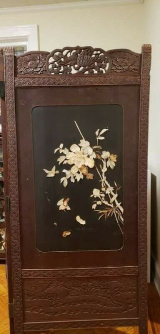 Antique Japanese 2 Panel wood Room Divider with Inlaid mother of pearl & carving 3