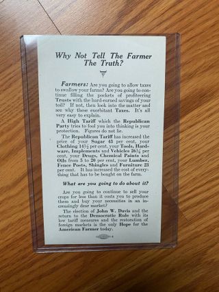 1924 John W.  Davis For President Farmers & Tariff Campaign Flier