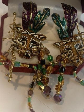 Vintage LUNCH AT THE RITZ Enamel Crystal Dangle Lion or Tiger Long Earrings 3