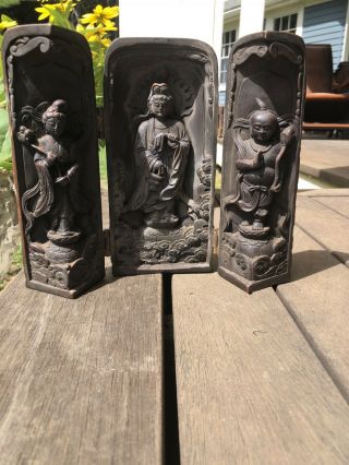 Antique Chinese Temple Wood Carved 3 God Buddha Shrine Statue