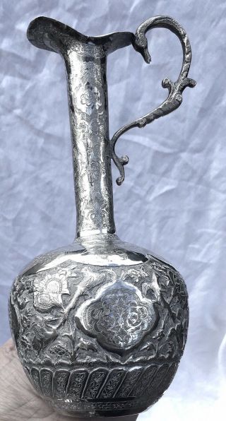 Antique Persian Islamic Isfahan low grade Silver White metal Pitcher Ewer 3