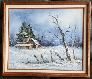 Vintage Signed Oil Painting Landscape Farm Snowy Winter Scene On Canvas Framed