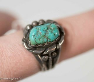 Vintage Southwest Native American Sterling Silver Mens Ring Turquoise Signed 12
