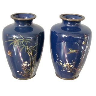 Pair Antique Japanese Meiji Blue Cloisonne 4” Vases Plum Blossom Bird Daisy Exc
