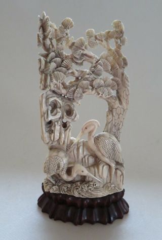 Antique Chinese Bovine Bone Carving Of Cranes & Pine 19th Century - - -