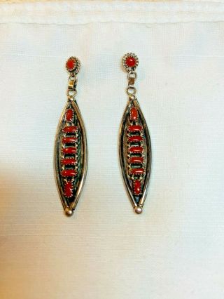 Vintage Artisan Zuni Sterling Silver & Coral Petitpoint Earrings E.  L.  Lonasee