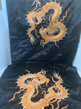 Antique Chinese 4 Finger Dragon Silk Embroidered Panel 2 Orange Dragons Tapes