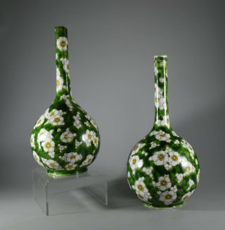 Pair Antique Japanese Meiji Period Porcelain Bottle Vases Prunus Cherry Blossom