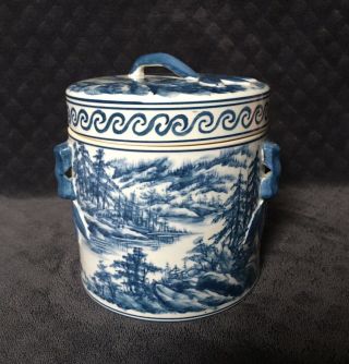 Antique Vintage Japanese Chinese Blue White Landscape Masterpiece Tea Caddy Jar
