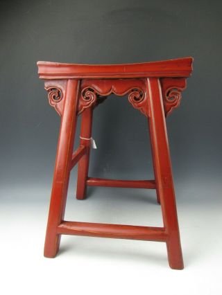 A Chinese Red Lacquer Painted Carved Wooden High Bar Stool Chair Seat