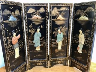 Chinese Lacquered Wood 4 Panel Table Screen - Geishas - Jade/bone/mop