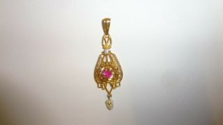 Vintage Ostby & Barton 10k Yellow Gold Ruby Freshwater Pearl Pendant