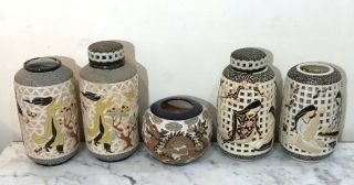 Group Of Five (5) Vietnamese Vintage Ceramic Pottery Vases / Urns