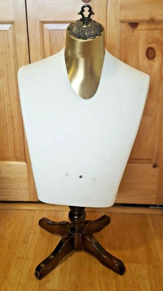 VINTAGE Adjustable Male Mannequin Upper Torso w/ Brass Finial & Wood Base 2