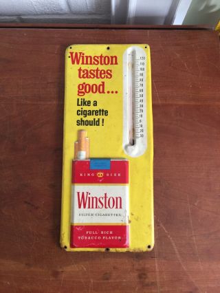 Vintage Winston Cigarettes Tobacco Embossed Metal Thermometer Advertising
