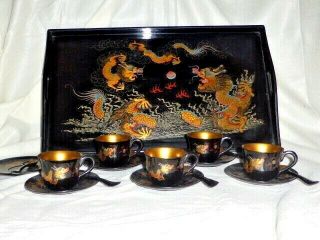 Stunning Antique Chinese Foochow Black Lacquer Hand Painted Dragon Coffee Set