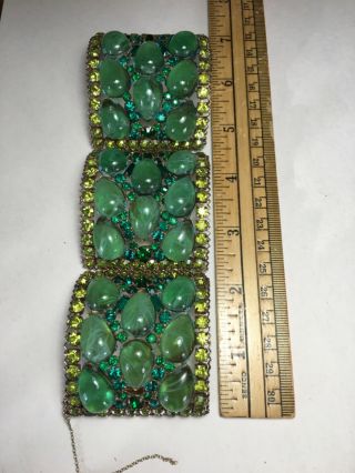 Big Huge Wide Vintage Glass & Rhinestone Chunky Costume Bracelet Green Heavy