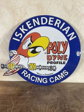 Vintage Style  Iskenderian Racing Cams  Porcelain Gas & Oil Sign 12x14 Inch