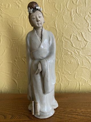 Antique Chinese Crackled Glaze Female Figure With A Scroll.