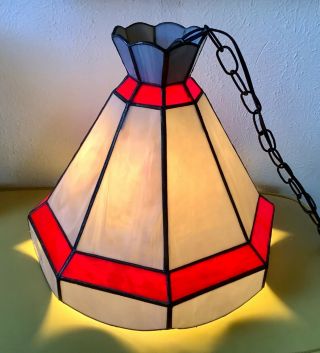 Vtg Tiffany Hanging Swag Lamp Light Chandelier Retro Stained Leaded Glass Red