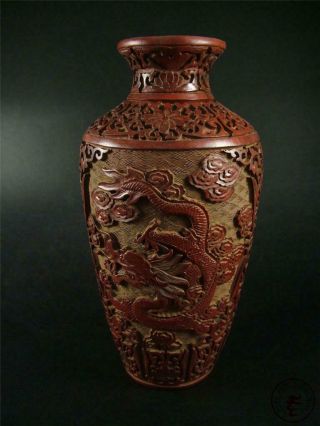 Large Old Chinese Cinnabar Red & Black Lacquer Carved Jar Box Pot Statue Flowers