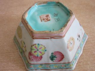Antique Chinese Signed Famille Rose Decorated Porcelain Hexagonal Bowl 4.  75 "