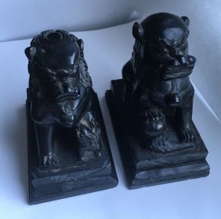 Antique Chinese Foo Dogs Lions Carved Black Stone Figurines