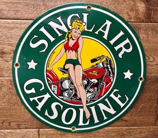 Vintage Sinclair Gasoline Heavy Porcelain Sign 12” Gas & Oil Sign Pin Up Girl