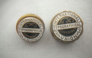 2 Vintage International Typographical Union Pins/black White Enamel/10k Gold