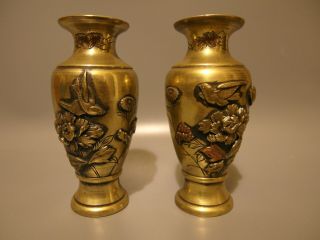 Old Antique Pair Japanese Bronze Mixed Metal Vases,  Brass Copper Birds Flowers