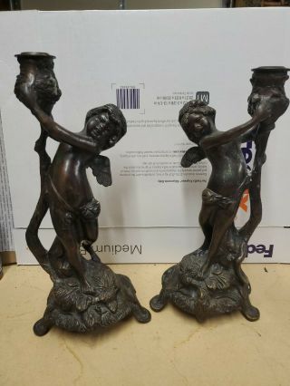 Vintage Bronze Metal Cherub Angel Candlestick Holders - Pair - Intricate 11 " (h5)