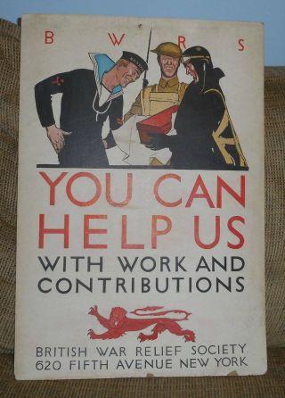 Vintage Wwii Era British War Relief Society Poster You Can Help Us